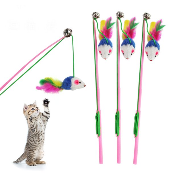 Mouse Shape Cat Teaser with Coloured Feather Interactive Bell Toy for