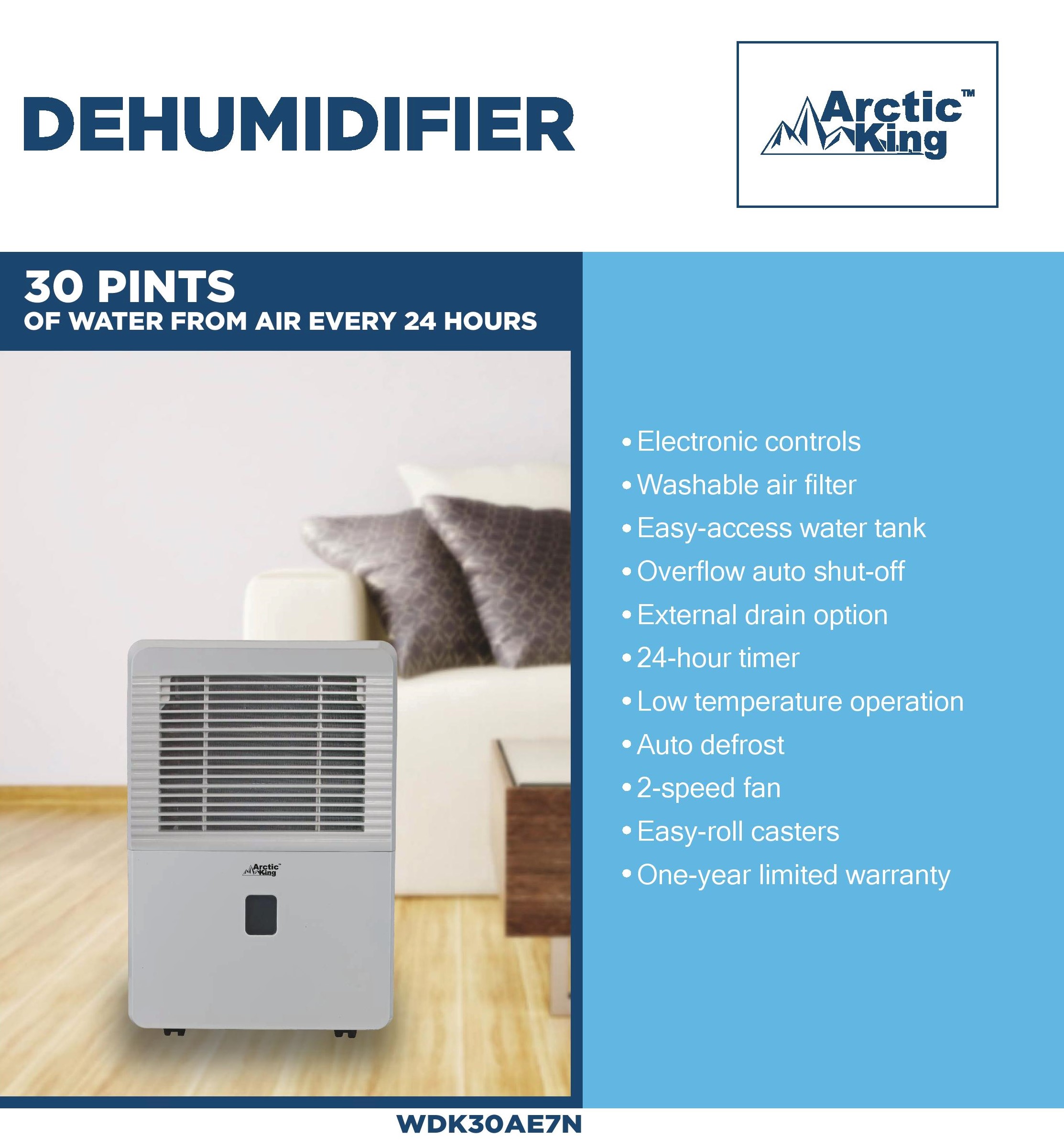 Arctic King 30 pt Dehumidifier in White - Energy Efficient, Auto Restart, 24 Hour Timer
