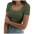 thumbnail image 1 of 2025 Chemise à Manches Courtes d'Été pour Femmes Col Carré Côtelé Chemise de Compression Ajustée Basique Décontractée, 1 of 5