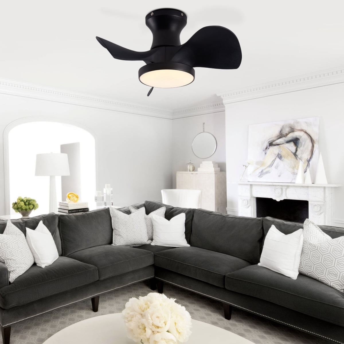 ABS Ceiling Fan with 3 Color Temperatures Light and Remote Control DC Motor Powerful Low Noise Small Space Ceiling Fan for Kitchen Bedroom Dining Room Toilet Patio Matte Black