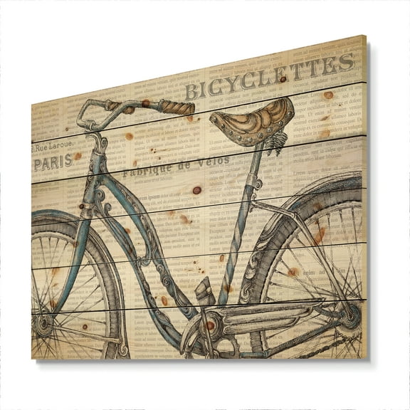 Designart 'Paris France Bicycles II' French Country Print on Natural Pine Wood