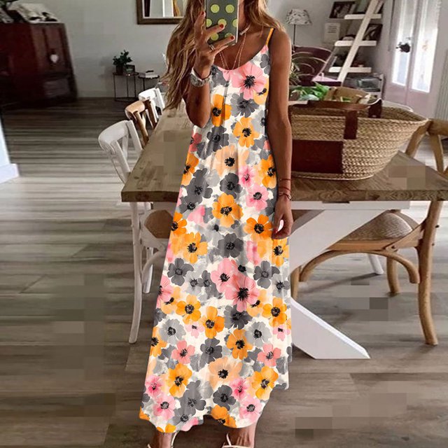 Aqestyerly Robe Maxi Sans Manches pour Femmes Robes d'Été pour Imprimé Col Rond Robe Décontractée Longues Robes Coupe Décontractée pour l'Été Usage Utilitaire