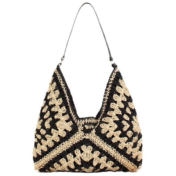 Women Large Capacity Straw Woven Tote Bag Beach Travel Bag (Black)