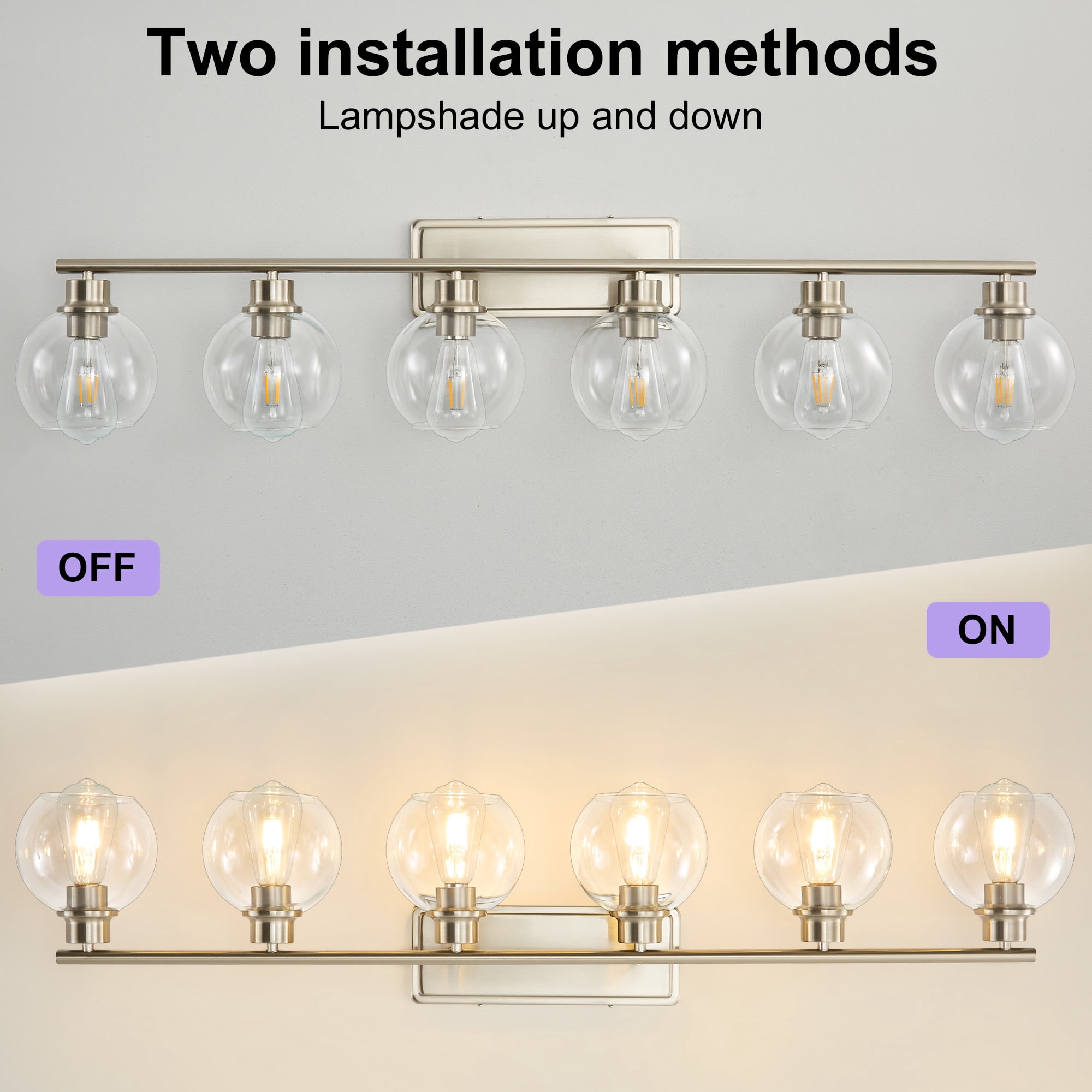 Deyidn 42.12" Nickel Bathroom Vanity Light, 6-Light Dimmable Wall Fixture with Clear Glass Shades for Makeup Mirror, Modern Luxury