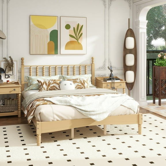 Queen Size Wood Platform Bed with Gourd Shaped Headboard,Retro Style Platform Bed with Wooden Slat Support,Natural