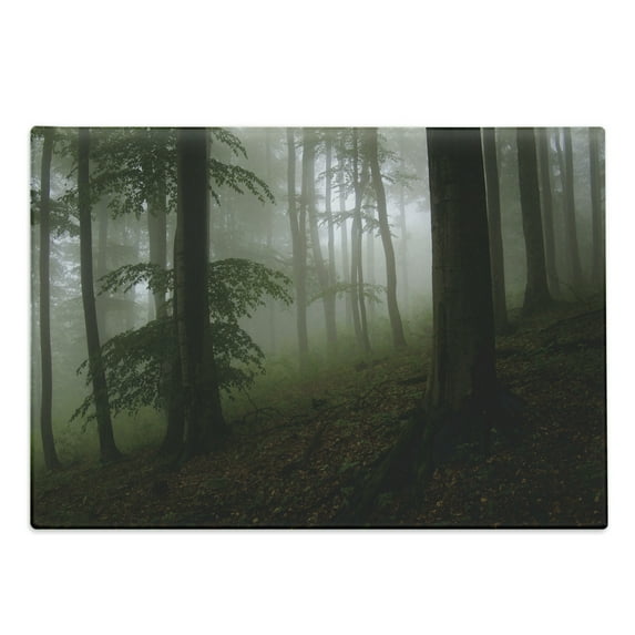 Forest Cutting Board, Mysterious Woods Fog Wilderness Rural Untouched Vegetation Transylvania, Decorative Tempered Glass Cutting and Serving Board, Large Size, White Green Brown, by Ambesonne