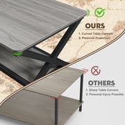 47 inch Gray Rectangle Coffee Table for Living Room, 2-Tier Wooden Coffee Tables with Round Corner, Modern Center Table for Small Space, Apartment, Office