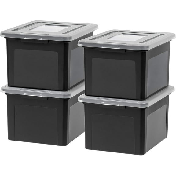 IRIS USA File Box, Plastic File Organizer with Lids for Letter/Legal File, Portable Document Box For Moving, Storage Bin with Durable and Secure Lid, Stackable Nestable BPA-Free, Clear 35 Qt. 4 Pack