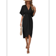 thumbnail image 2 of Short Sleeve Dresses for Women V Neck Pleated Slim Fit Flowy Swing Shift Irregular Midi Dress Black S, 2 of 9