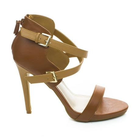 

Newbee11 by Anne Michelle Two Tone Criss Cross Cut Out Ankle Strap Zipper Buckle High Heel