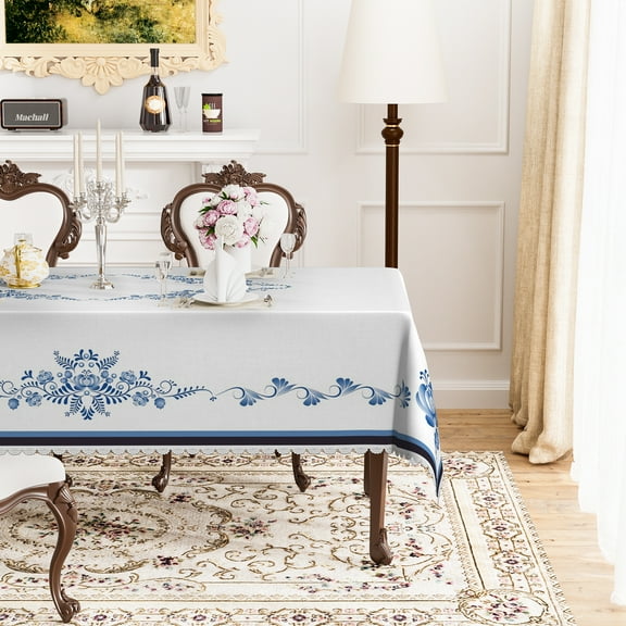 Mizhona Blue Flower Pattern Tablecloth Rectangle,Rustic Table Cloth for Kitchen Dinner Decor,60"x102"