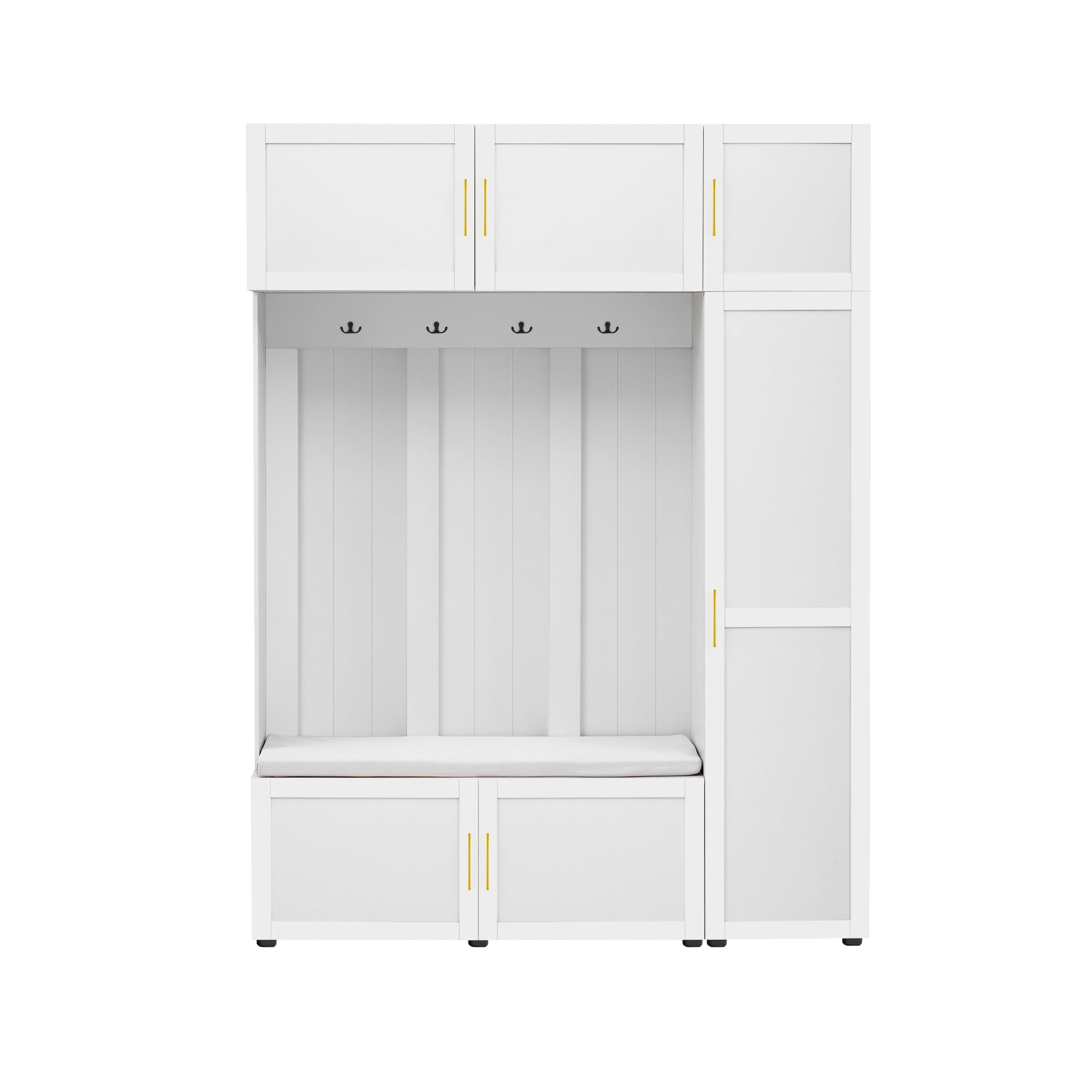 80"H Farmhouse Hall Tree with Bench & Shoe Storage,Multifunctional Hall Tree with 4 Hooks,Multi-Tier Storage Shelves for Hallway,Living Room,White