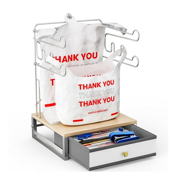 Plastic Bag Organizer with Drawer, Metal Grocery Bag Holder, ATSKIM Detachable Trash Bags Holder Dispenser Storage for T-Shirt, Shopping Bags, for Groceries Store, Supermarket (White)