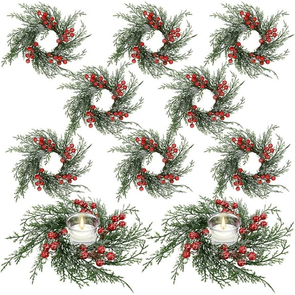 10 Pcs Christmas Candle Rings Wreath Artificial Candle Rings with Red Berry, Snowy Pine Garland Candle Ring Holder for Christmas Decorations Table Centerpiece