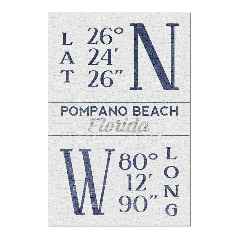 Pompano Beach, Florida, Latitude and Longitude (Blue) (19x27 inches,  Premium 500 Piece Jigsaw Puzzle for Adults and Family, Made in USA)