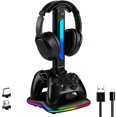 thumbnail image 1 of Cargador de mandos con soporte para auriculares RGB para PS5, estación de carga con dos puertos USB y soporte para auriculares de Xbox, 1 of 6