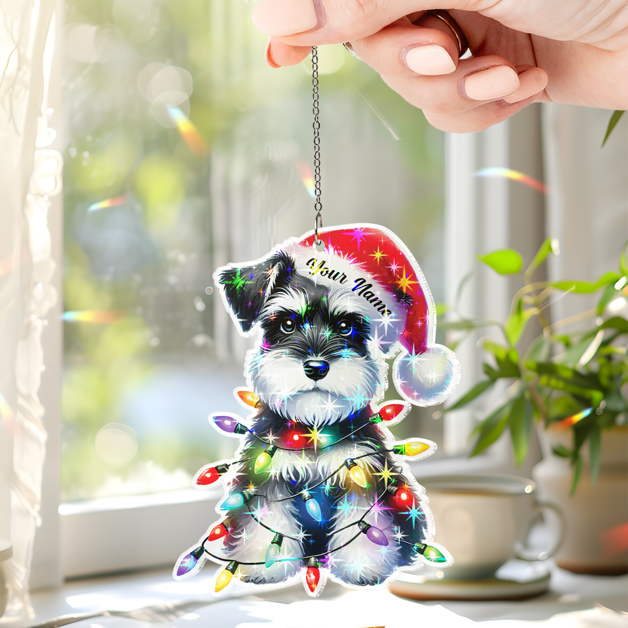 Lotusprinthandmade Personalized Name Schnauzer Dog with Christmas Light Custom Shape Star Hologram Ornament 10in, schnauzer christmas decor ornament