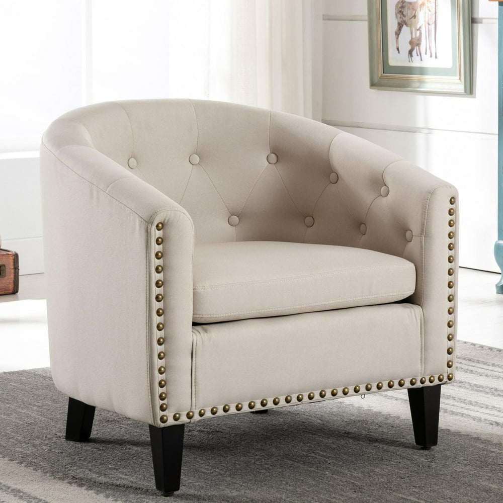 Modern Linen Fabric Accent Chair, Tufted Wingback Barrel Chairs for
