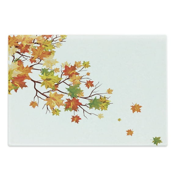 Fall Cutting Board, Autumn Image Canadian Maple Leaves Botanical Foliage Nature Warm to Cold Effects, Decorative Tempered Glass Cutting and Serving Board, Large Size, Yellow Orange, by Ambesonne