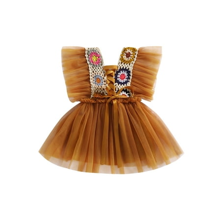 

Coduop Toddler Baby Girl Tulle Dress Bohemian Flutter Sleeve Crochet Flower Tutu Party Dress