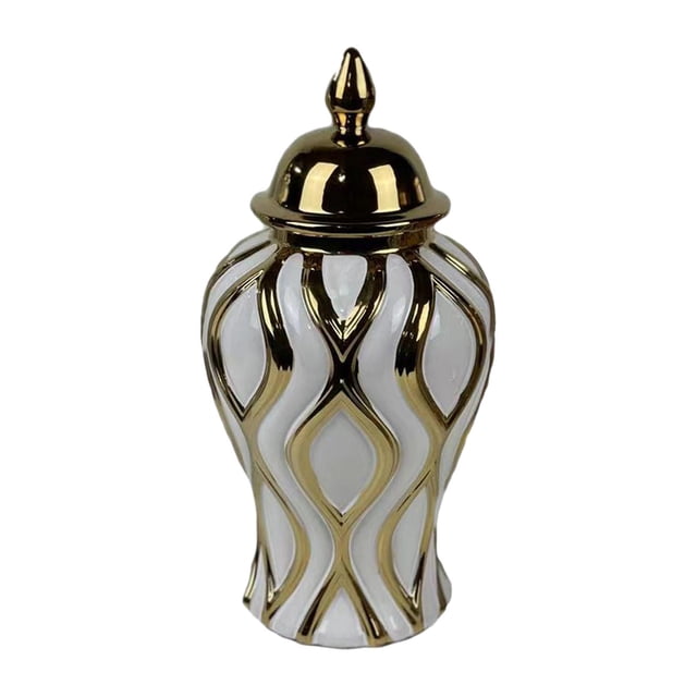 Jarrón de jengibre de porcelana, jarrón de jengibre de cerámica con tapa, decoración artesanal de porcelana S Blanco y Oro