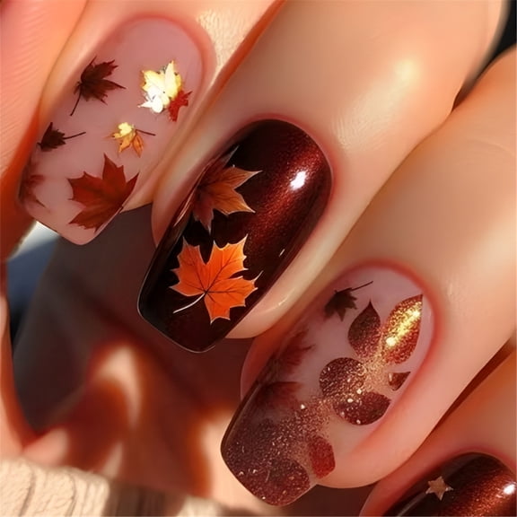 Yiran Short Glitter Retro Dark Maple Leaf Press On Nails No Tools