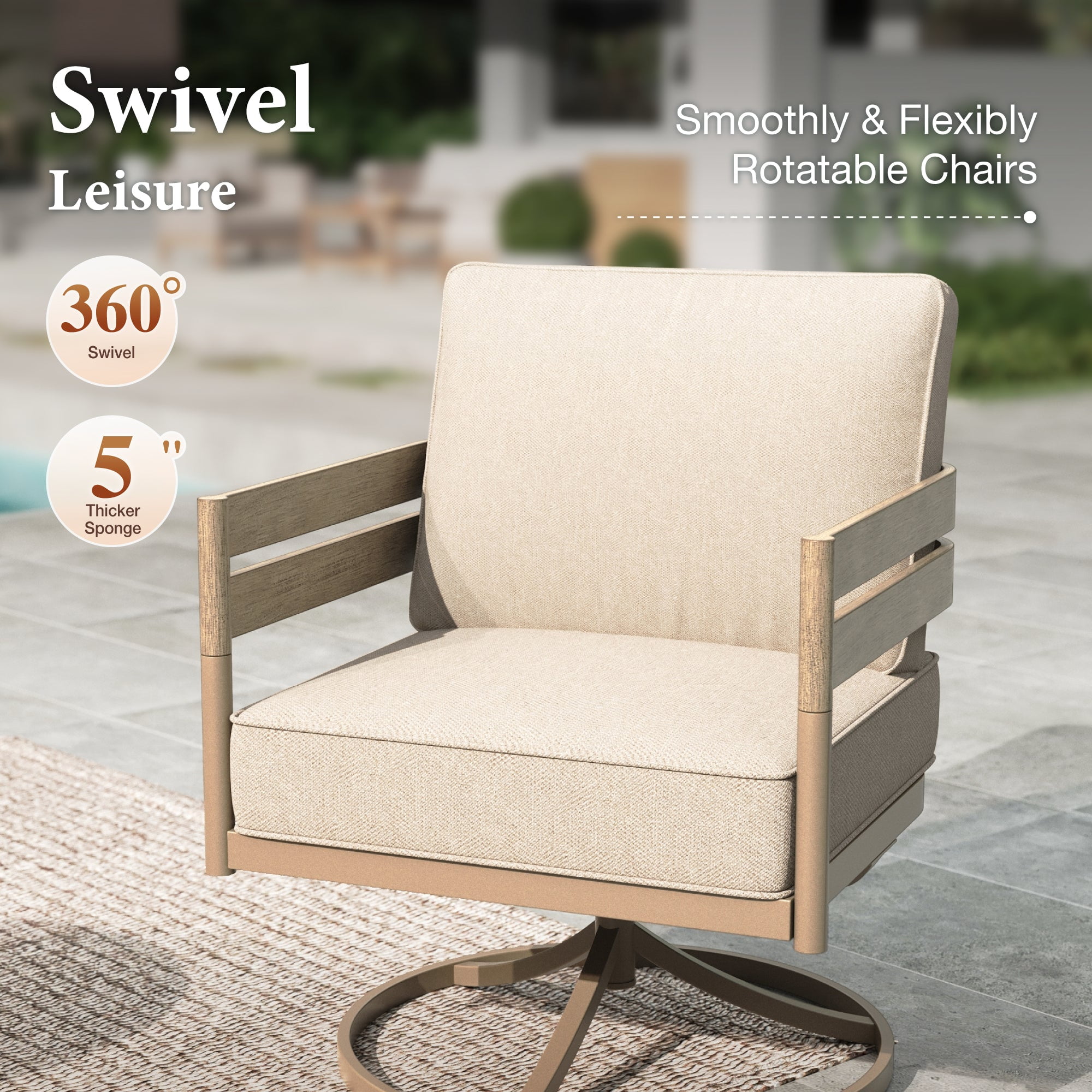 Summit Living 5-Piece Metal Outdoor Patio Furniture Set with Swivel Chairs, Wood-Grain Outdoor Patio Conversation Set for 5 People, Modern Curved Back Sofa Set