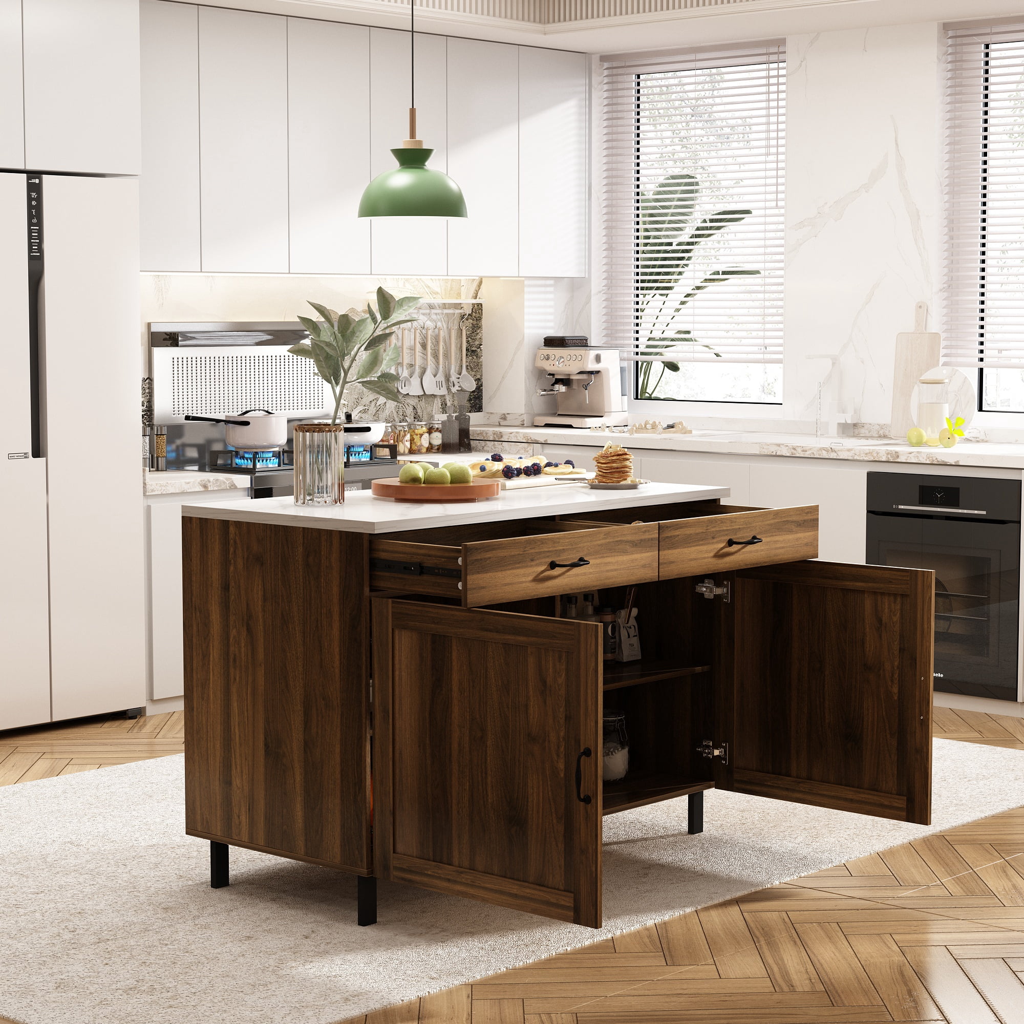 KULAGAGA Kitchen Island with Drawers, Buffet Storage Cabinet with White Marbling Top, Rustic Brown