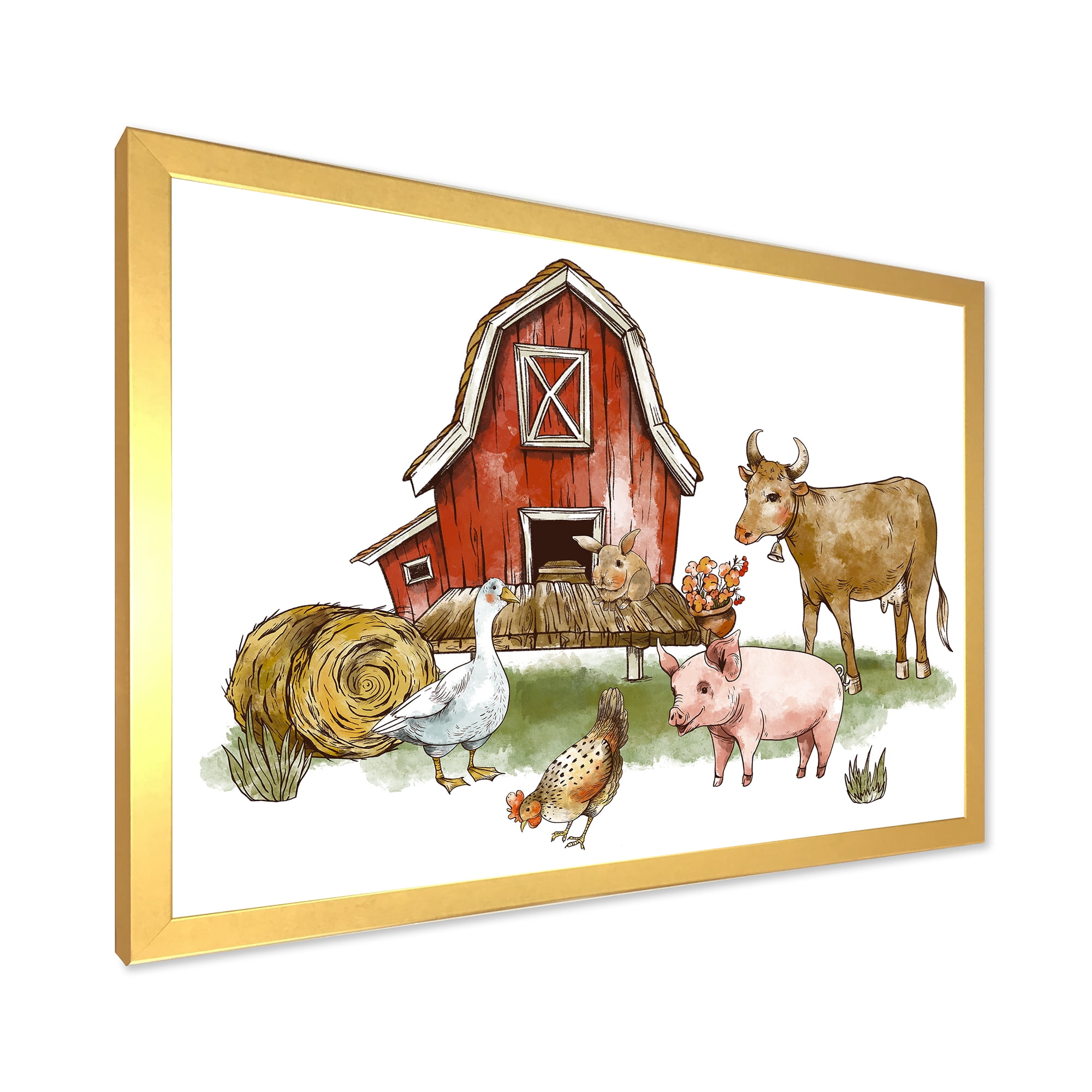Designart 'Farm House With Goose Cow Pig Chicken and Haystack' Rustic Framed Art Print