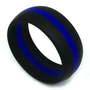 8MM Men or Ladies Athlete Sports Flexible Black with BLUE Stripe Silicon Rubber Wedding Band Ring