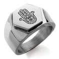 thumbnail image 1 of Stainless Steel Filigree Hamsa Hand of Fatima Engraved Hexagon Crest Flat Top Biker Style Polished Ring, 1 of 1