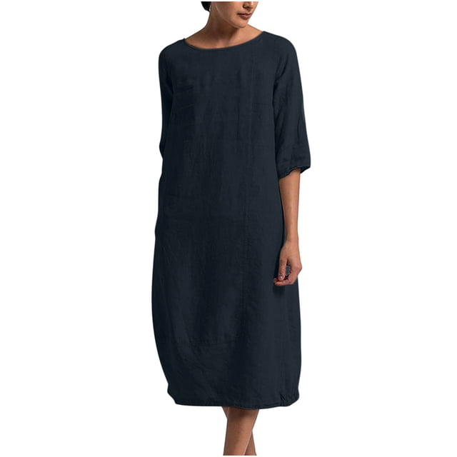 Vestido largo a media pantorrilla liso de manga corta suelto con cuello redondo a la moda para mujer Fridja bnh3403