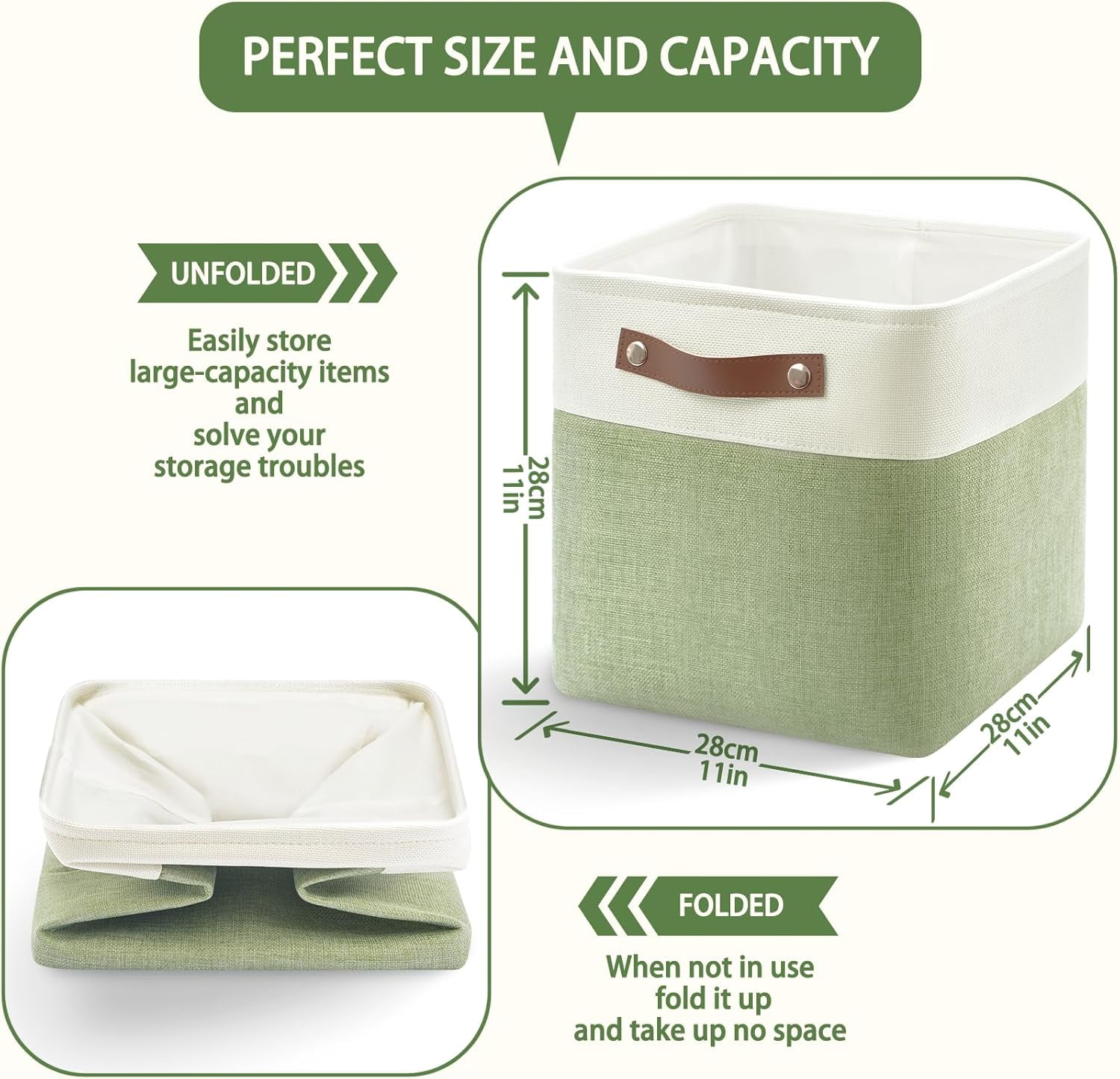 Collapsible Fabric Cube Storage Bins 11x11×11, Pack of 4 Closet Basket Boxes with PU Handles for Organizing Shelves, Toys, Clothes, Home, Office (White & Green)
