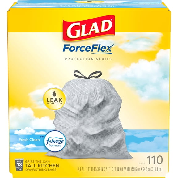 Glad Protection Series Force Flex 110 Bags Drawstring Fresh Clean Odor Shield 13 Gallon