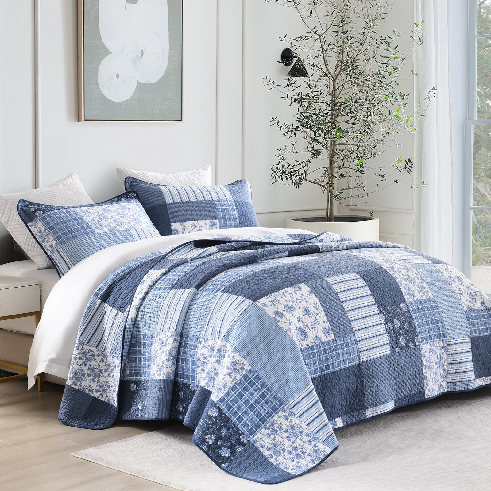 PANGUSHAN 100% Cotton Quilt King Size, King Quilt Bedding Set Quilted Bedspreads, Lightweight Reversible Plaid Comforter for King Bed, All Season, Blue, 3 Pieces