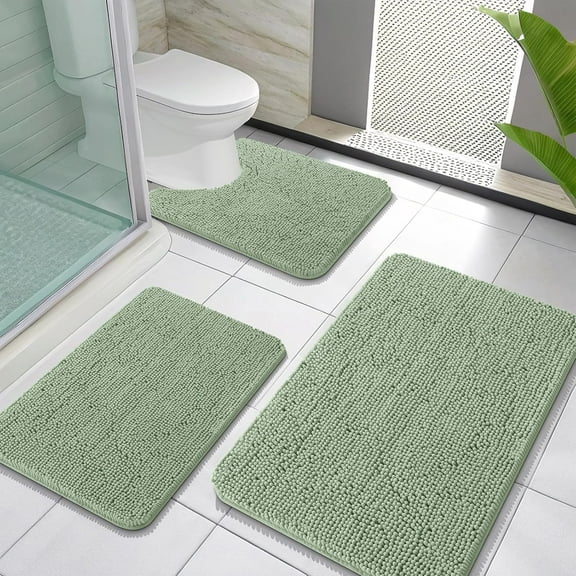 Bathroom Rugs Sets 3 Piece, Soft Absorbent Chenille Bath Mats and U-Shaped Contour Toilet Rug, Quick Dry, Home Decor Accessories, Bath Mat Set for Bathroom (30"x20" 24"x16" 24"x20", Sage Green)