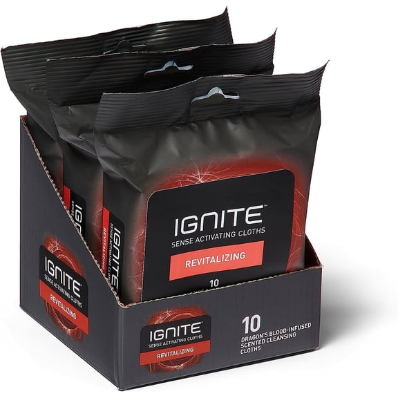 Ignite Mens Body Wet Wipes, Extra Thick Shower Wipes, Revitalizing Scent, 10 Wipes per Pack, 30 Total Wipes