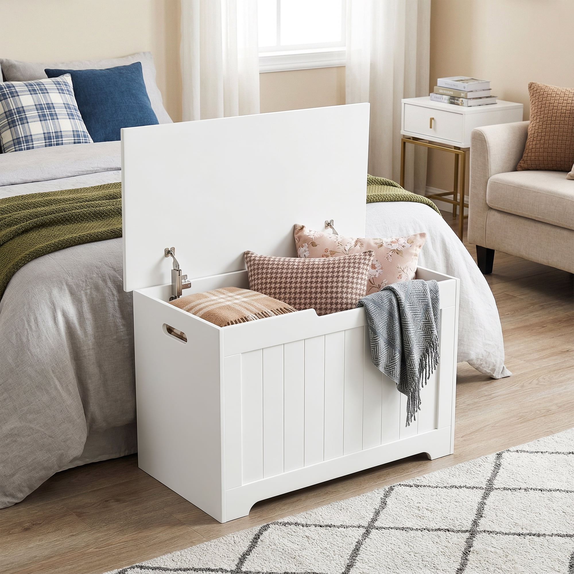 HomGarden 30'' Large Wooden Toy Chest, Kids Storage Box Cabinet W/ Safety Hinged Lid, 150L, White