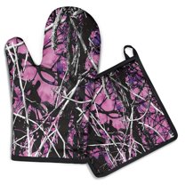 Purple Camo Tree Branch Pattern Kitchen Oven Mitt and Pot Holder Sets 2 Pcs for Baking, Cooking and Grilling, Heat Resistant Up To 392 °F