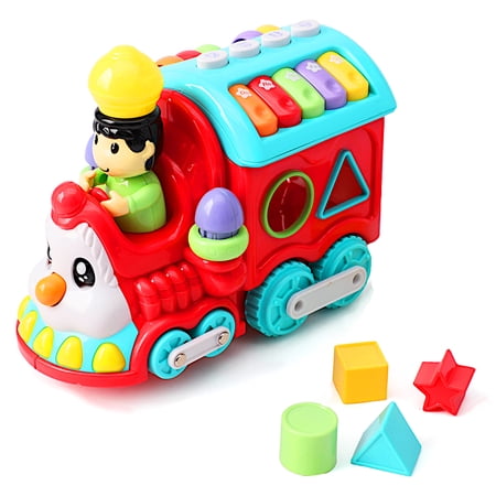 POCO DIVO Toddler Learning Train Facial Musical Locomotive Rolling Engine Kids Flash Rail Cargo Baby Cartoon Push Carriage Boys Girls Early Education Toy for Piano Animal-Sound Shape Color Count
