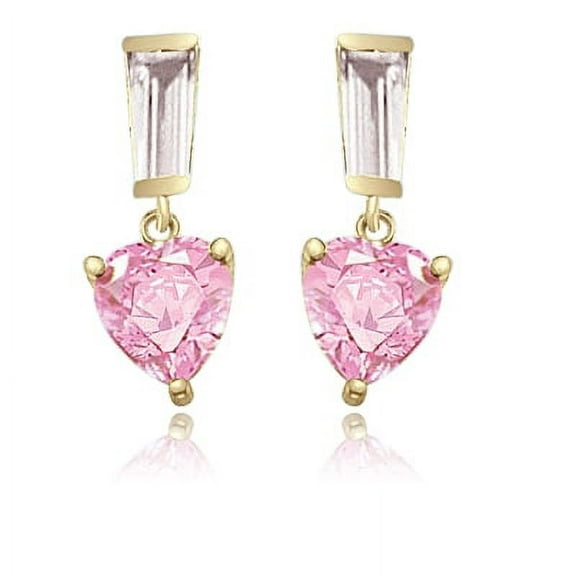 Prong Set Drop Earrings with Artificial Heart Shape Pink and Brilliant Baguettes Diamond by Diamond Essence set in Vermeil
