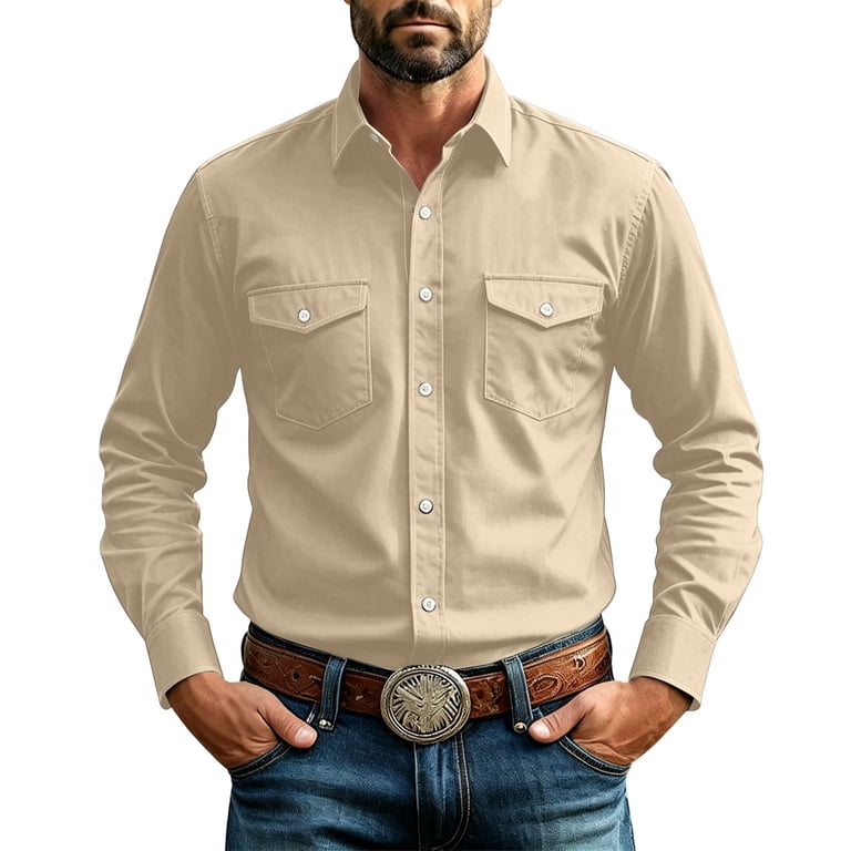 beige dress shirts Stamzod Mens Solid Long Sleeve Button Up Shirt Men Wrinkle Free Business Casual Shirts with Pocket S 100s two Winter Wedding Dress Rhapsody Long Sleeve Knit Size:A/B