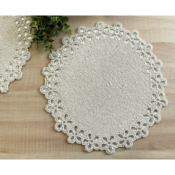 Set of 6, Enliven, Handmade beaded placemat / tablemat, white charger, 13.5 inch