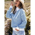 thumbnail image 5 of Women Striped Half Zip Long Sleeve Ribbed Knit Pullover Comfy Casual Light-Weight Tops Fall Fashion Blue L, 5 of 10