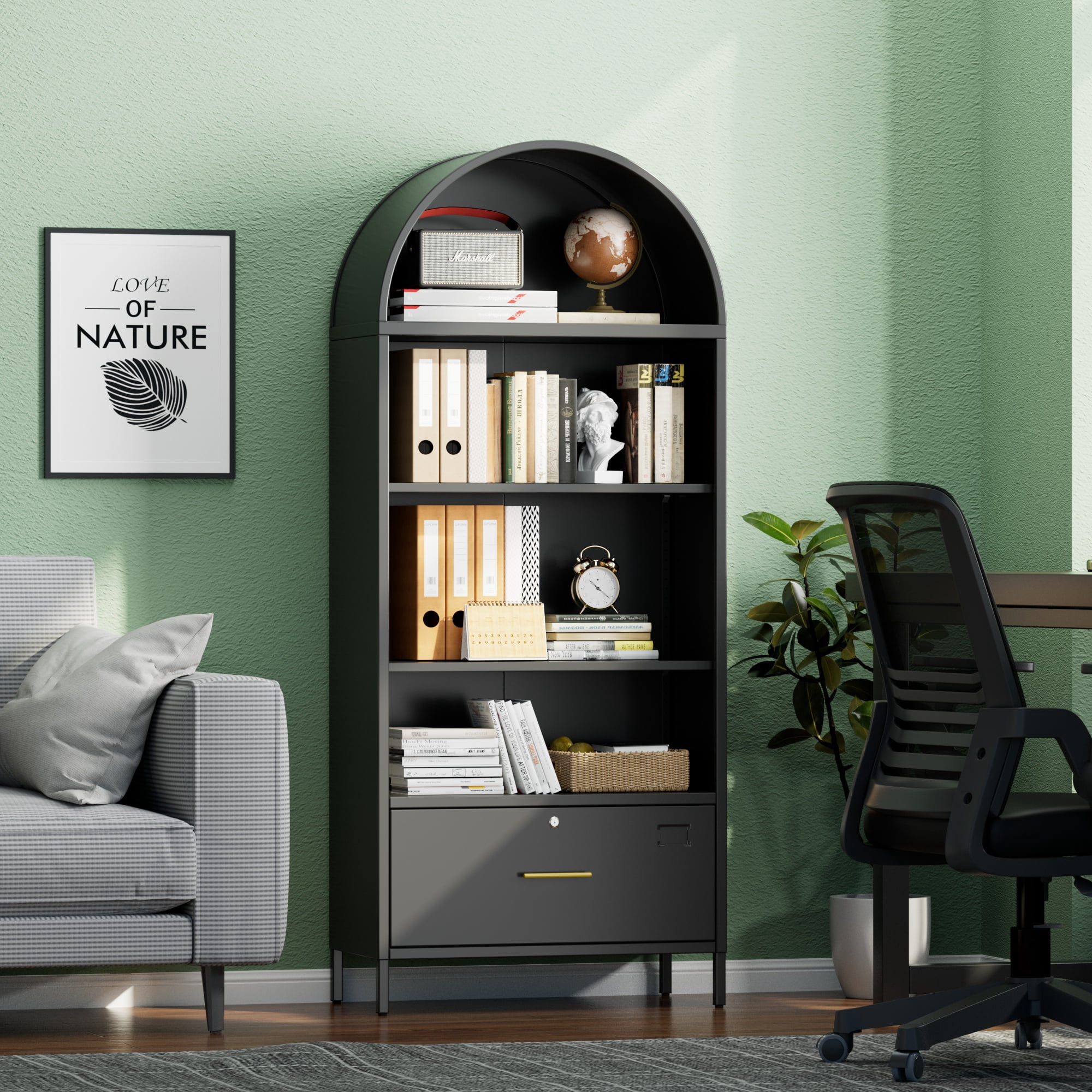 Aobabo Metal Arched Bookshelf Cabinet with Lockable Drawers,Arch Display Bookcase File Cabinet with Shelves for Home Office Living Room Black,Assembly Required
