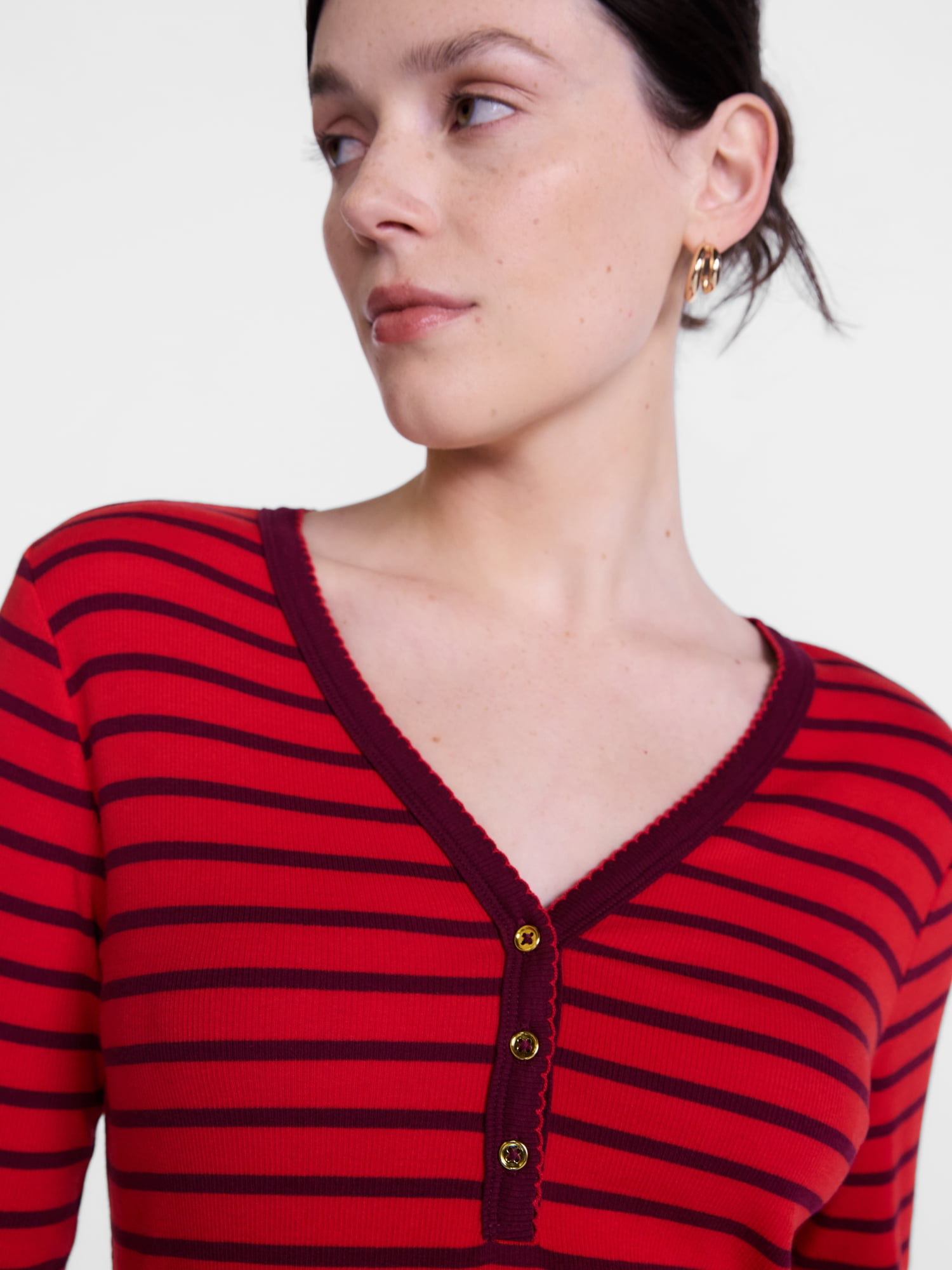 Scenario Women's and Women's Plus Striped Henley Shirt with Long Sleeves, Sizes XS-4X