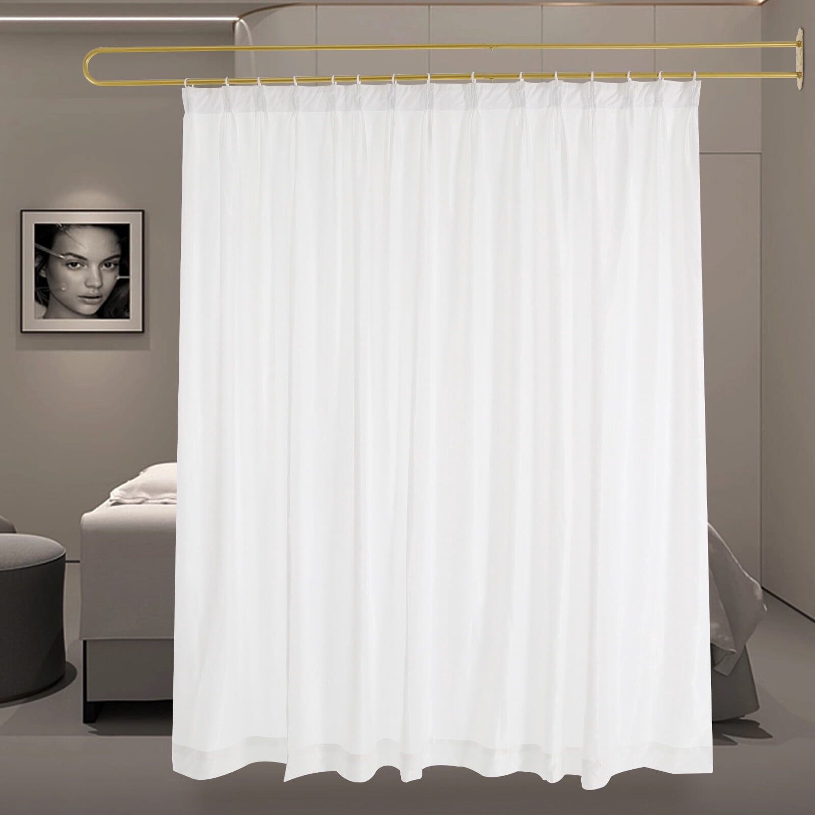 Gold U Shape Curtain Rod 7.5ft, Ceiling Mounted Privacy Partition with White Sheer Fabric, Heavy Duty Iron Curtain Track Room Divider for Bedroom Studio Office, Easy Installation