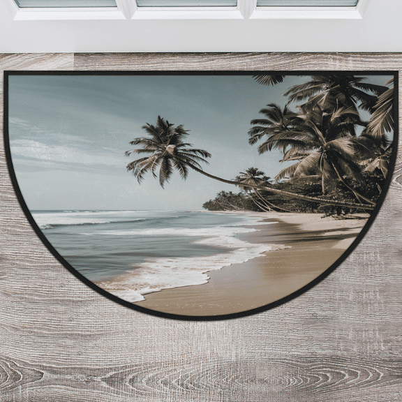 CURLYOOT Beach Half Round Door Mat 40'' x 63'', Indoor Outdoor Entrance Rug, Semi Circular Area Rug, Non Slip Washable Absorbent Doormat, Hawaiian Palm Trees Laundry Room Rug