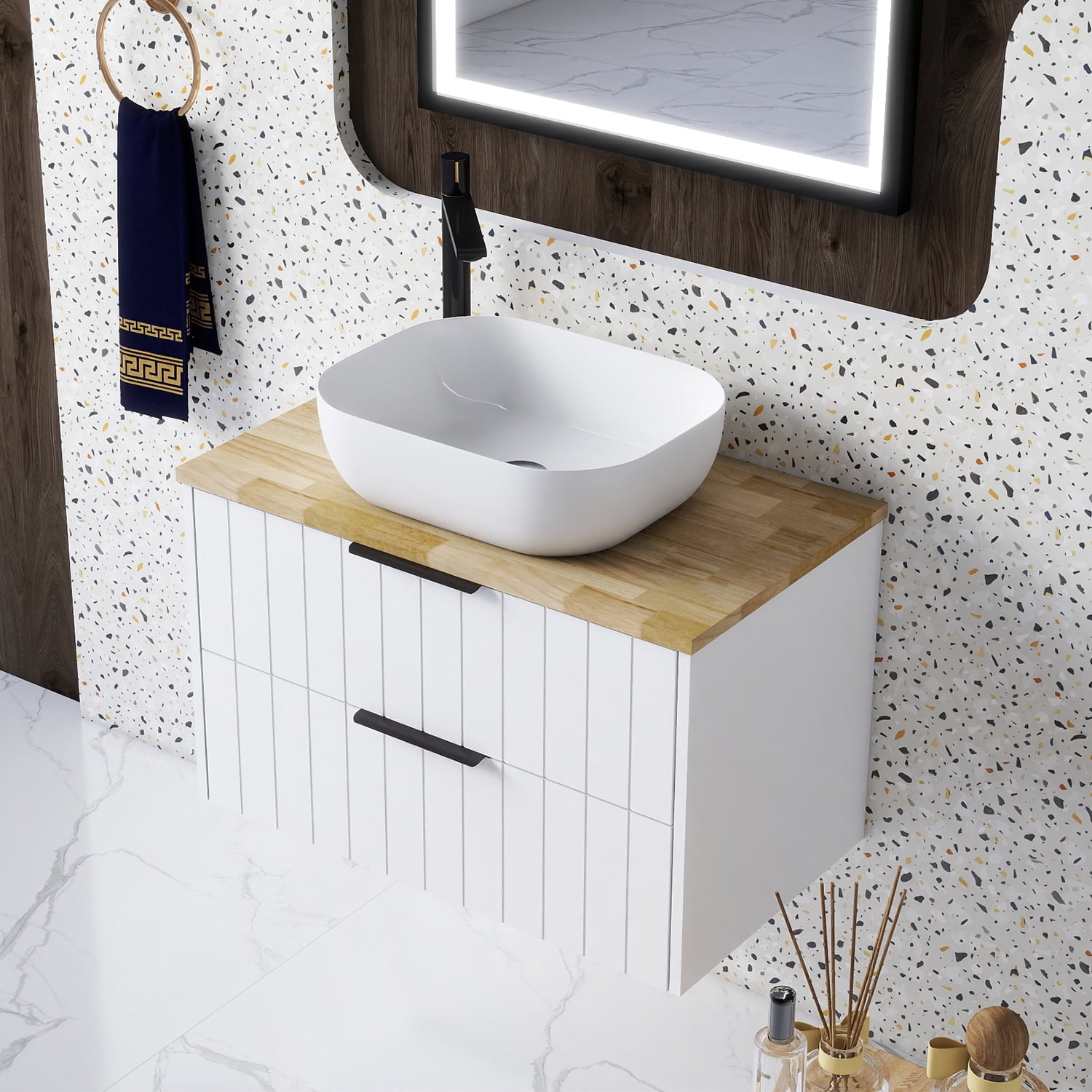 Demi Bonn 31" Double Drawer Wall-Mounted Bathroom Vanity with Solid Wood Natural Top, Square Art Ceramic Sink, Faucets and Drains Not Included, White