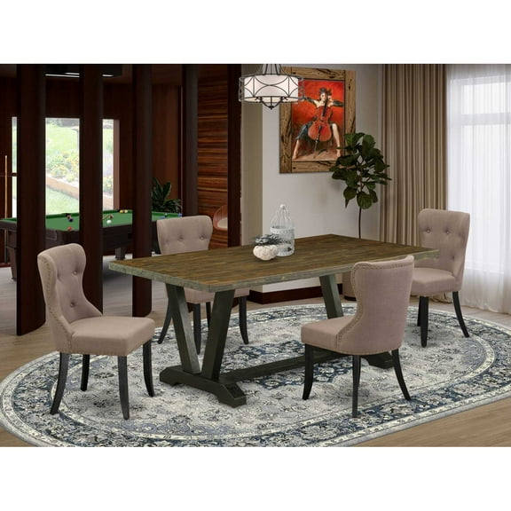 East West Furniture V677SI648-5 5-Pc Dining Room Table Set- 4 Upholstered Dining Chairs with Coffee Linen Fabric Seat and Button Tufted Chair Back - Rectangular Table Top & Wooden Legs -...